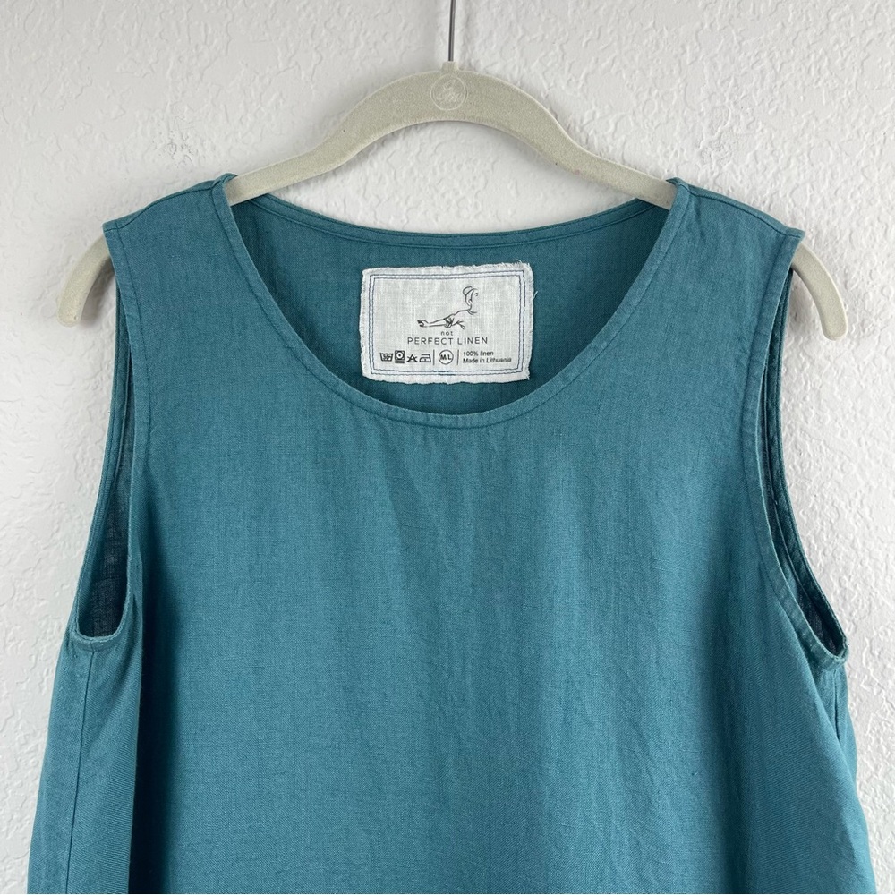 Not PERFECT LINEN Teal Sleeveless 100% Linen Lagenlook Midi Dress Sz M/L - Picture 5 of 7